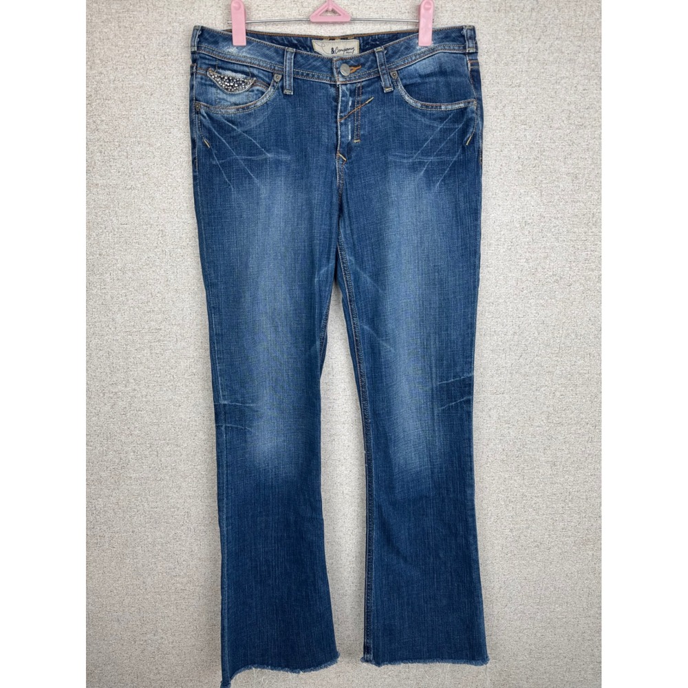 J & Company Y2K Rhinestone Bootcut Jeans Medium Wash Low Rise Size 30 Frayed Hem